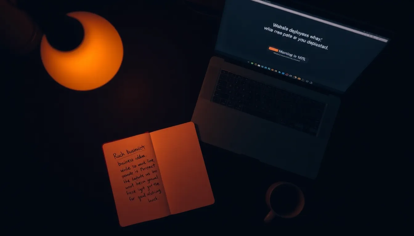 AI agent turning a handwritten business idea into a live deployed website overnight on a glowing laptop screen