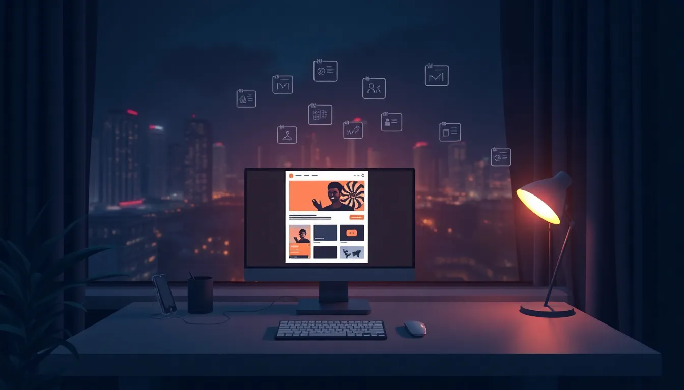 AI agent for small business running overnight — a glowing monitor showing a live website deploy in a dark home office with city lights outside
