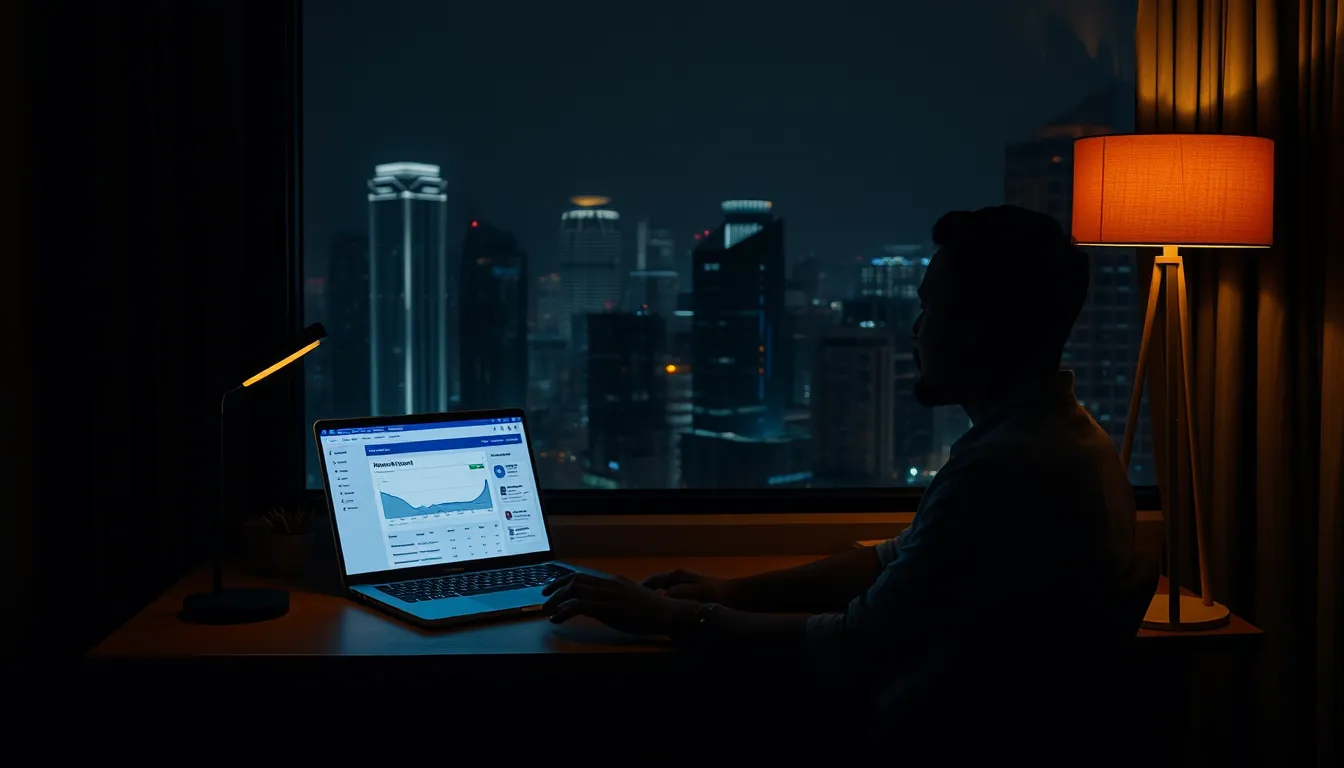 Solo founder in Singapore reviewing an AI morning report on a laptop at night with city skyline in background