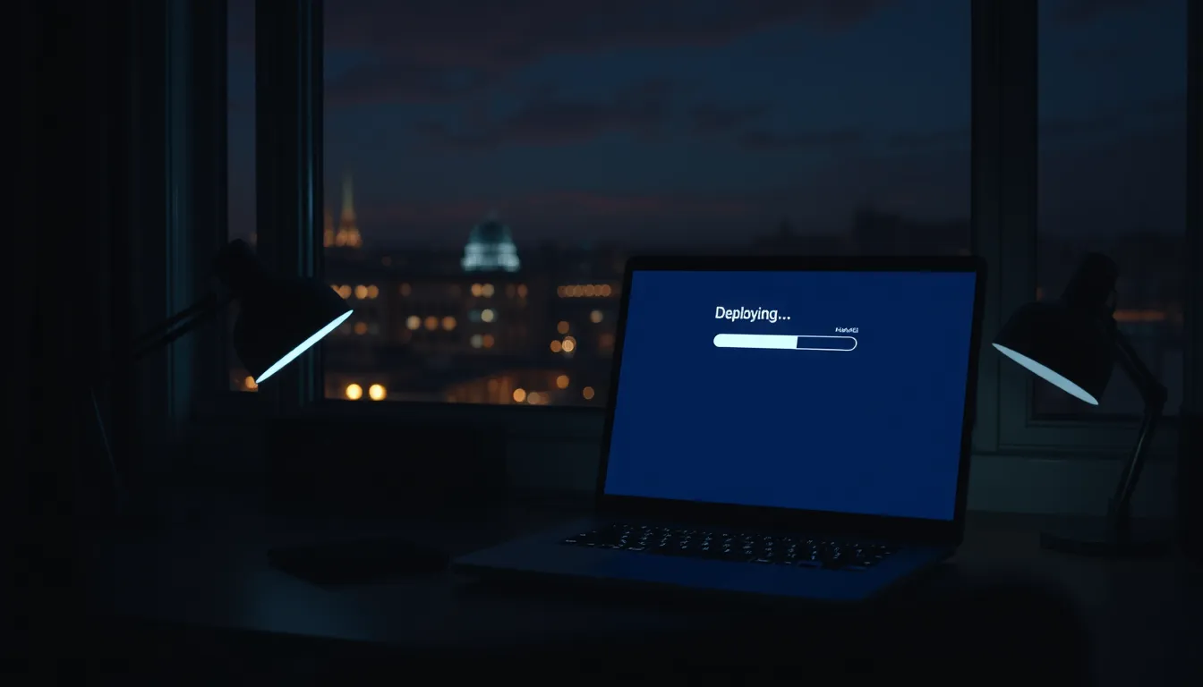 AI deploys website overnight — laptop screen showing live site deployment in a dark home office