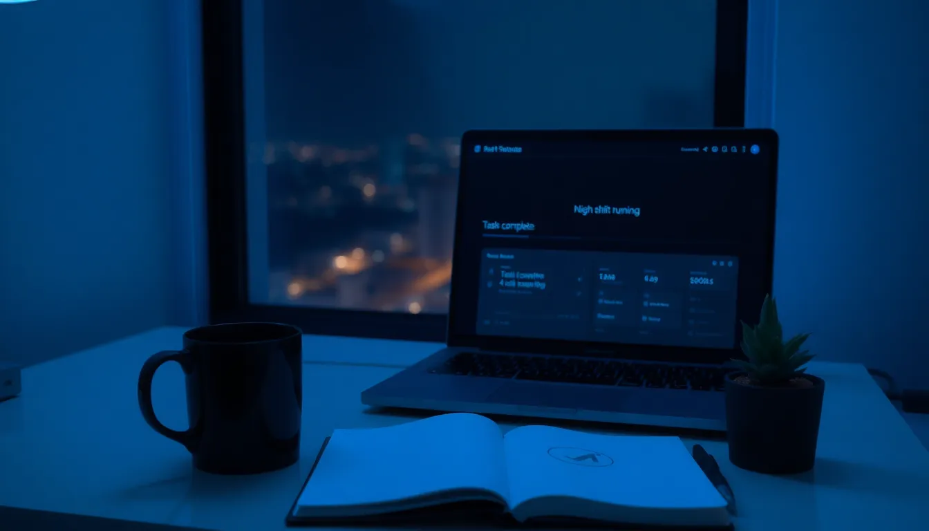 Solo founder's desk at night with AI business agents running autonomously on a laptop screen