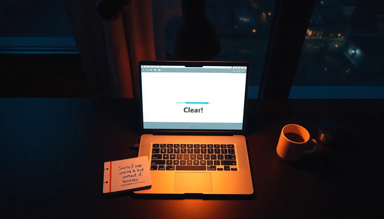 AI website builder for startup ideas — laptop deploying a live startup website overnight on a dark desk
