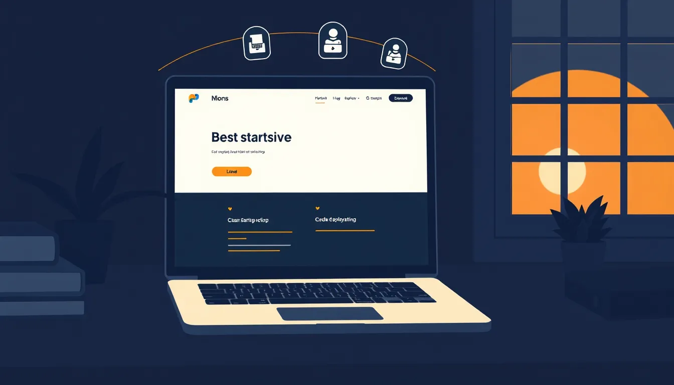 AI website builder for startups deploying a no-code site overnight on a glowing laptop screen
