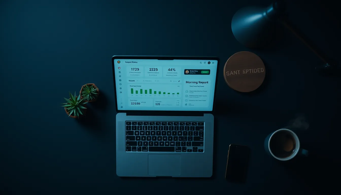 AI agents automating business tasks overnight shown as a glowing laptop dashboard with morning report on a dark night-shift desk