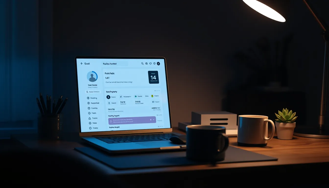 AI customer email reply automation dashboard glowing on a laptop screen in a quiet home office at night
