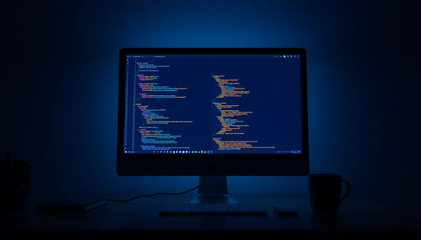 AI building and updating a website autonomously overnight on a glowing monitor in a dark workspace