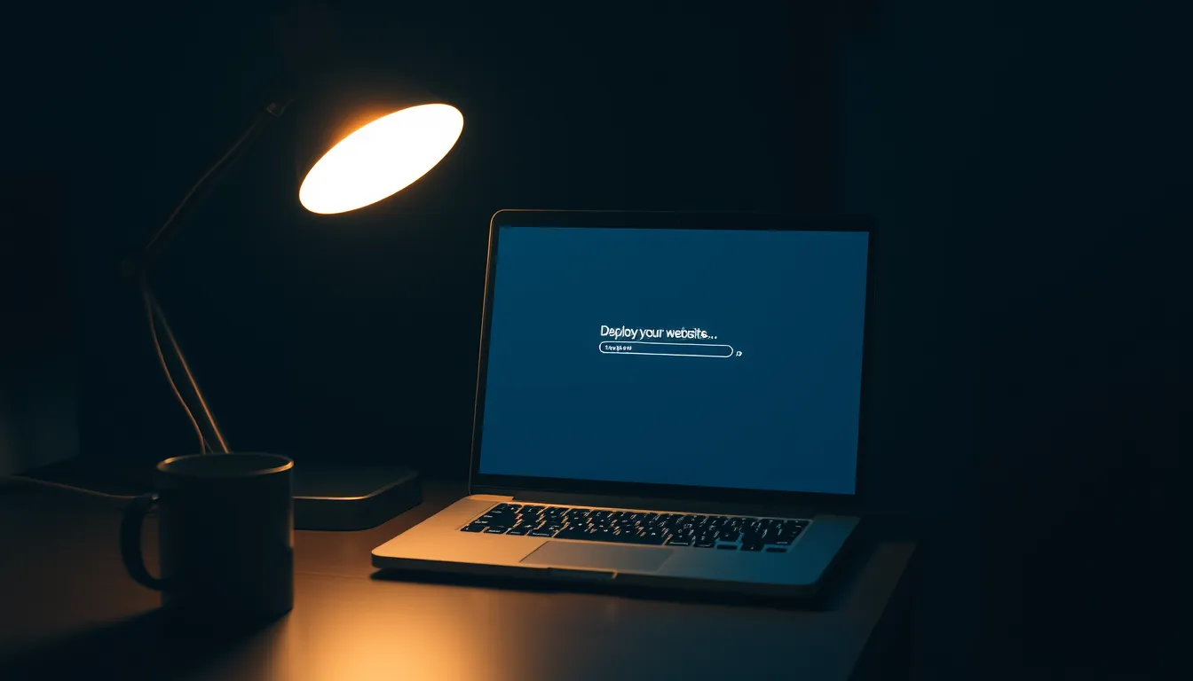 Laptop screen showing a website deploying overnight on NyteBuild's AI platform, warm desk lamp in a dark home office