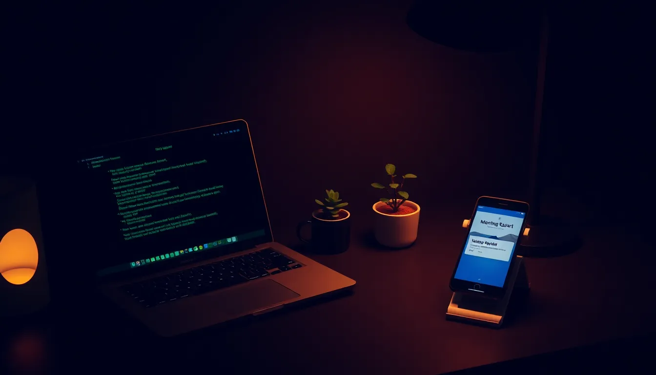 AI website builder deploying a startup website overnight on a dark desk with a morning report notification