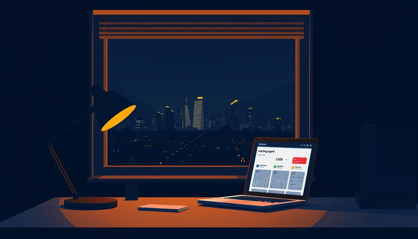 AI agents building a business overnight on a glowing laptop dashboard while the city sleeps