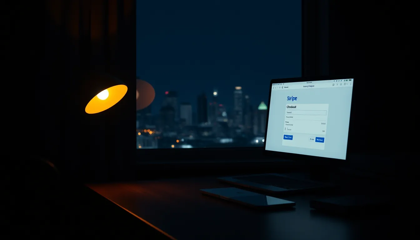 Website builder with Stripe payment checkout displayed on a laptop screen in a quiet night-time home office